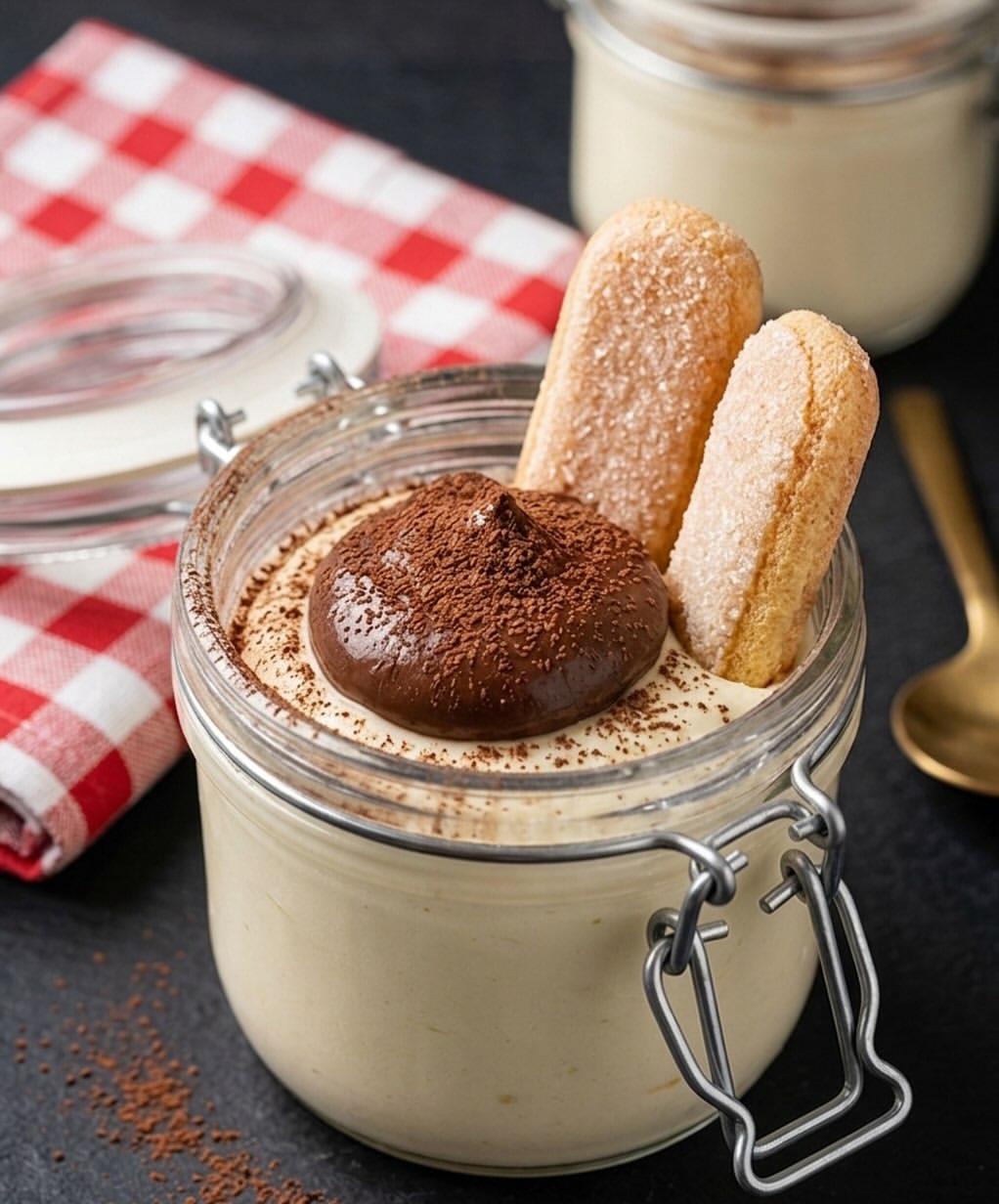 Tiramisu servido num frasco de vidro, com cacau por cima
